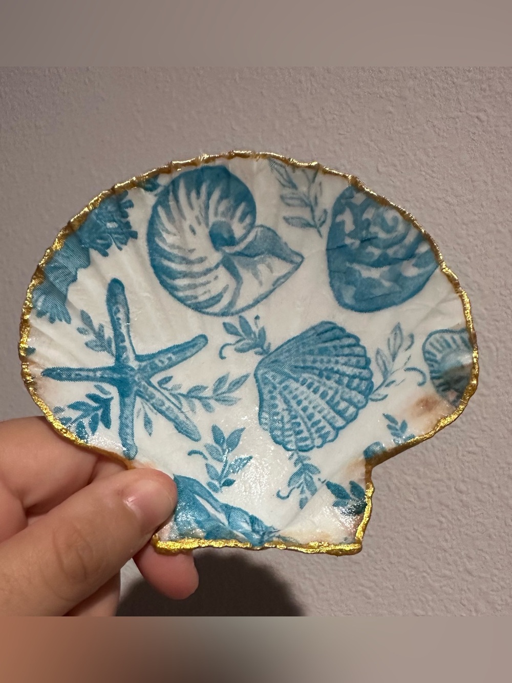 Coastal Shell Jewelry Dish in Blue with Gold trim